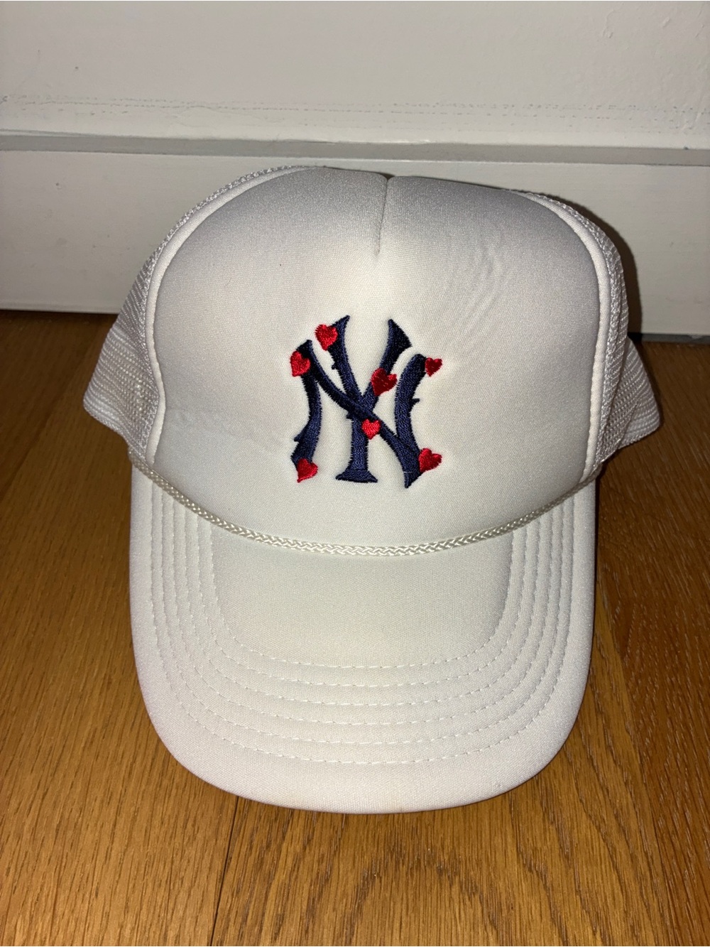 White Trucker Hat with Yankees Logo and Heart Detailing
